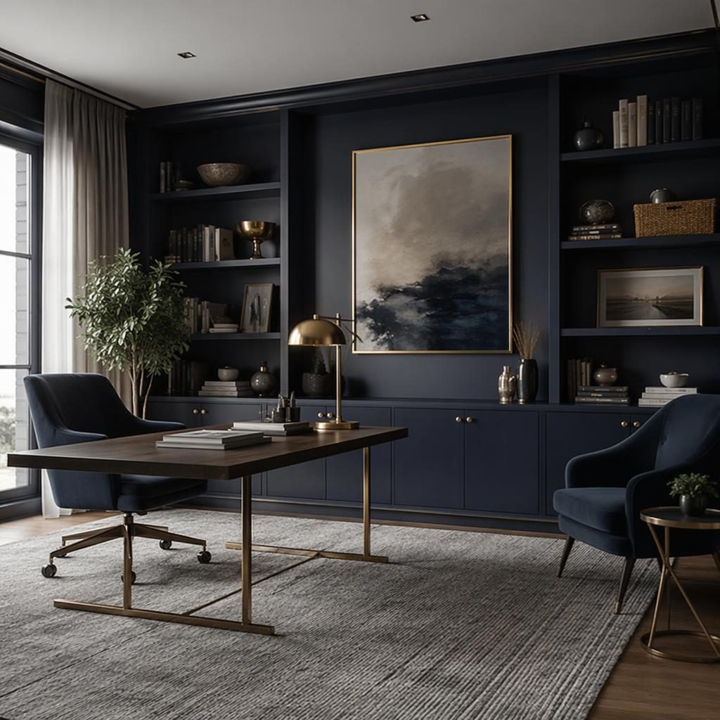 Scandinavian home gym interior with blue and brass accents, natural materials, plants, art, textiles, and diffused light.
