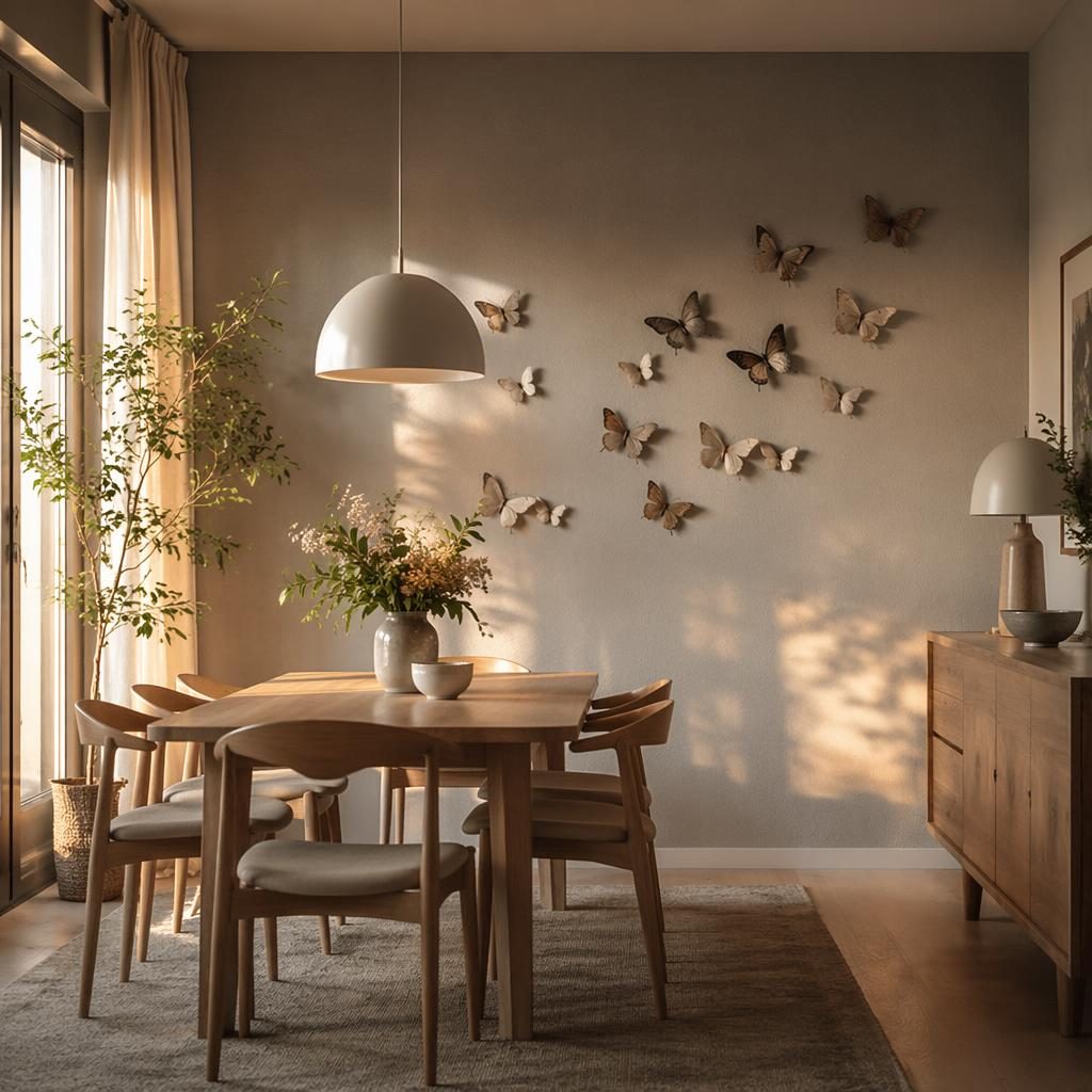 Warm neutral living room with butterfly wall art, soft textiles, plants, natural materials, and golden hour light.