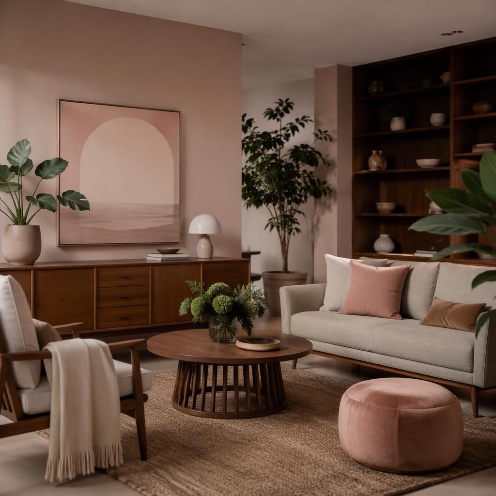 Mid century living room with pastel pink and beige palette, natural materials, plants, art, textiles, and soft diffused light.