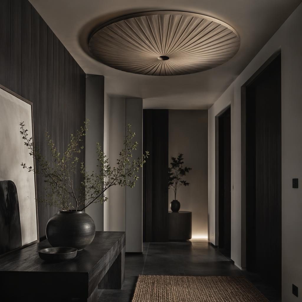 Entrée japandi noir et blanc avec plafond décor, matériaux naturels, plantes, textiles et lumière d’ambiance
