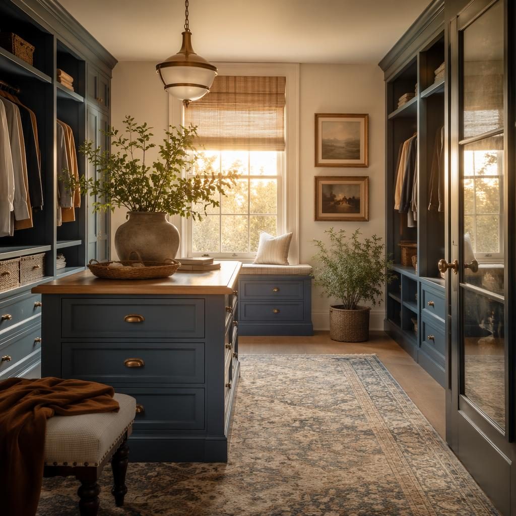 Luxuriöses Spa-Badezimmer mit blauem und messingfarbenem Interieur, Naturmaterialien, Pflanzen und warmem Abendlicht