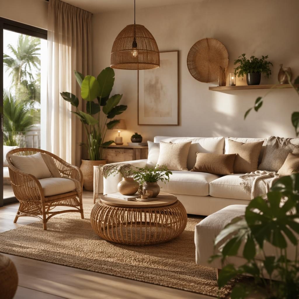 Boho-Wohnzimmer mit Rattanmöbeln, warmen Naturtönen, Pflanzen, Kunst, Textilien und stimmungsvoller Beleuchtung