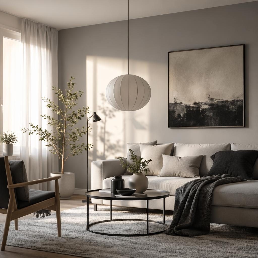 Skandinavisches Schlafzimmer in Salbei und Creme im goldenen Licht mit Naturmaterialien, Textilien, Pflanzen und Kunst.