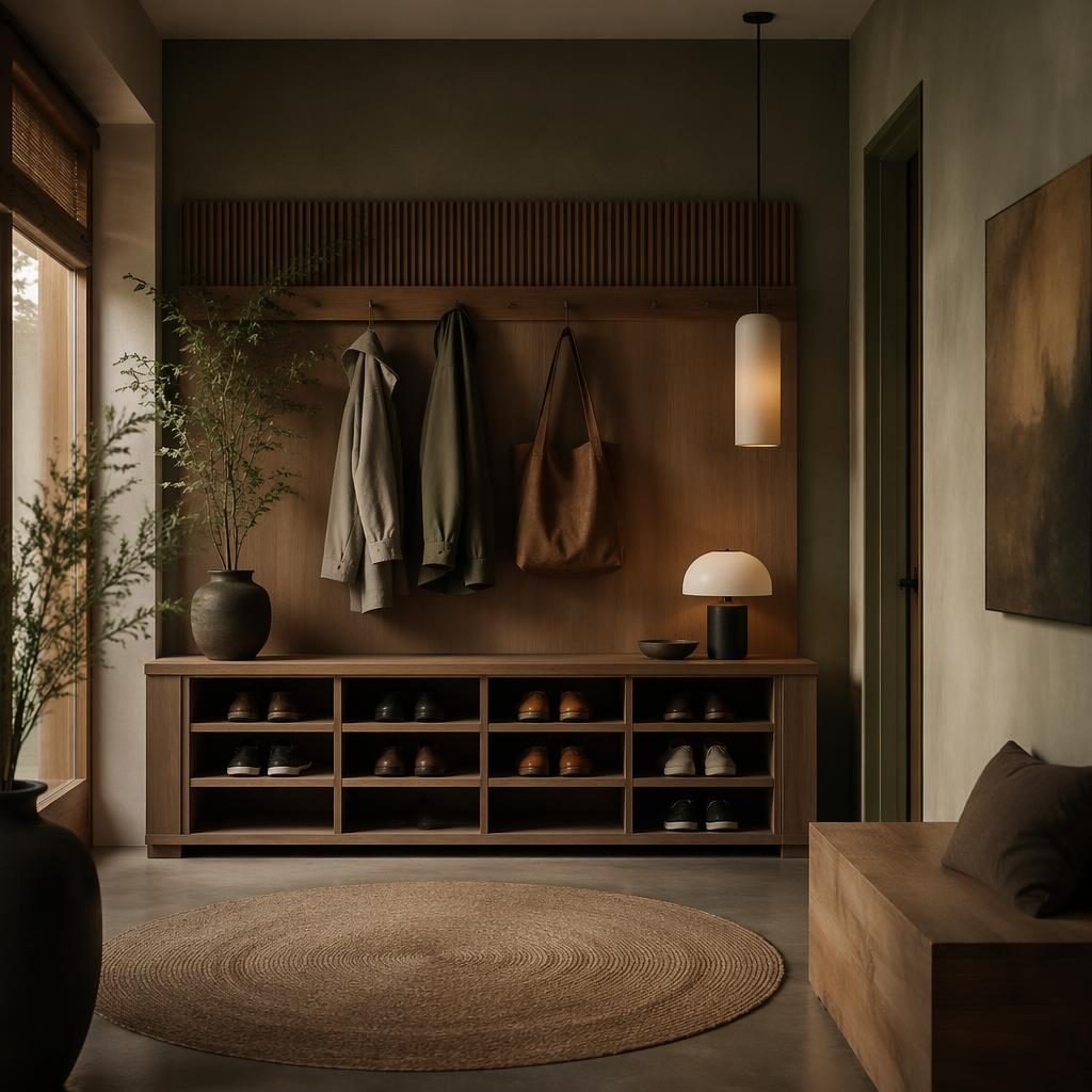 Dormitorio en tonos salvia y crema con estilo japandi, materiales naturales, textiles, plantas y luz ambiental suave.