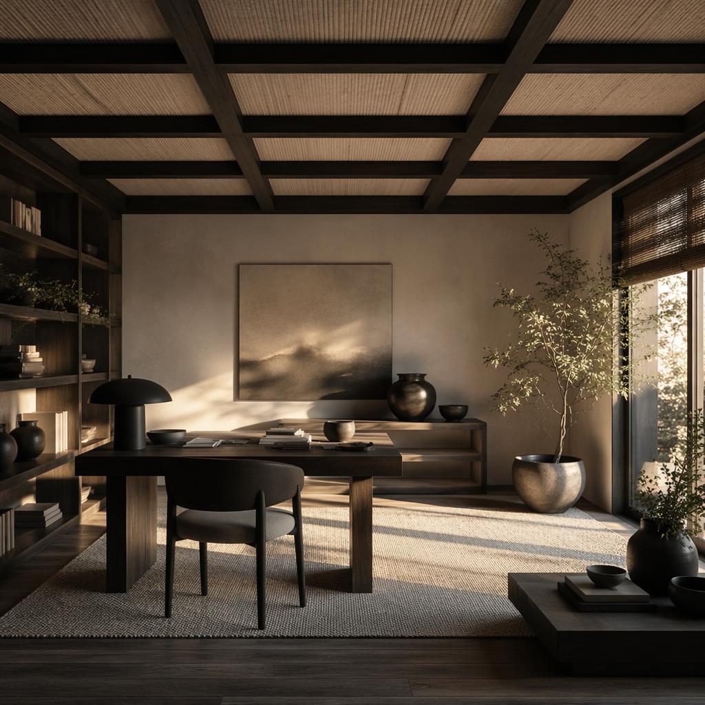 Black and white japandi study with ceiling decor, natural materials, plants, art, textiles, and golden hour light
