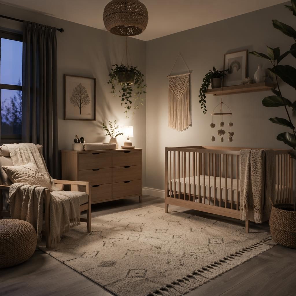 Scandinavian nursery with boho decor accents, cool grey tones, warm evening light, natural wood furniture, plants, textiles and art