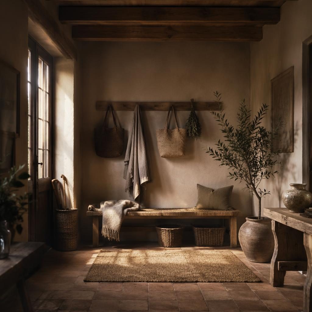 Mudroom estilo farmhouse wabi-sabi con tonos neutros cálidos, madera natural, banco, cestas, plantas y luz dorada.