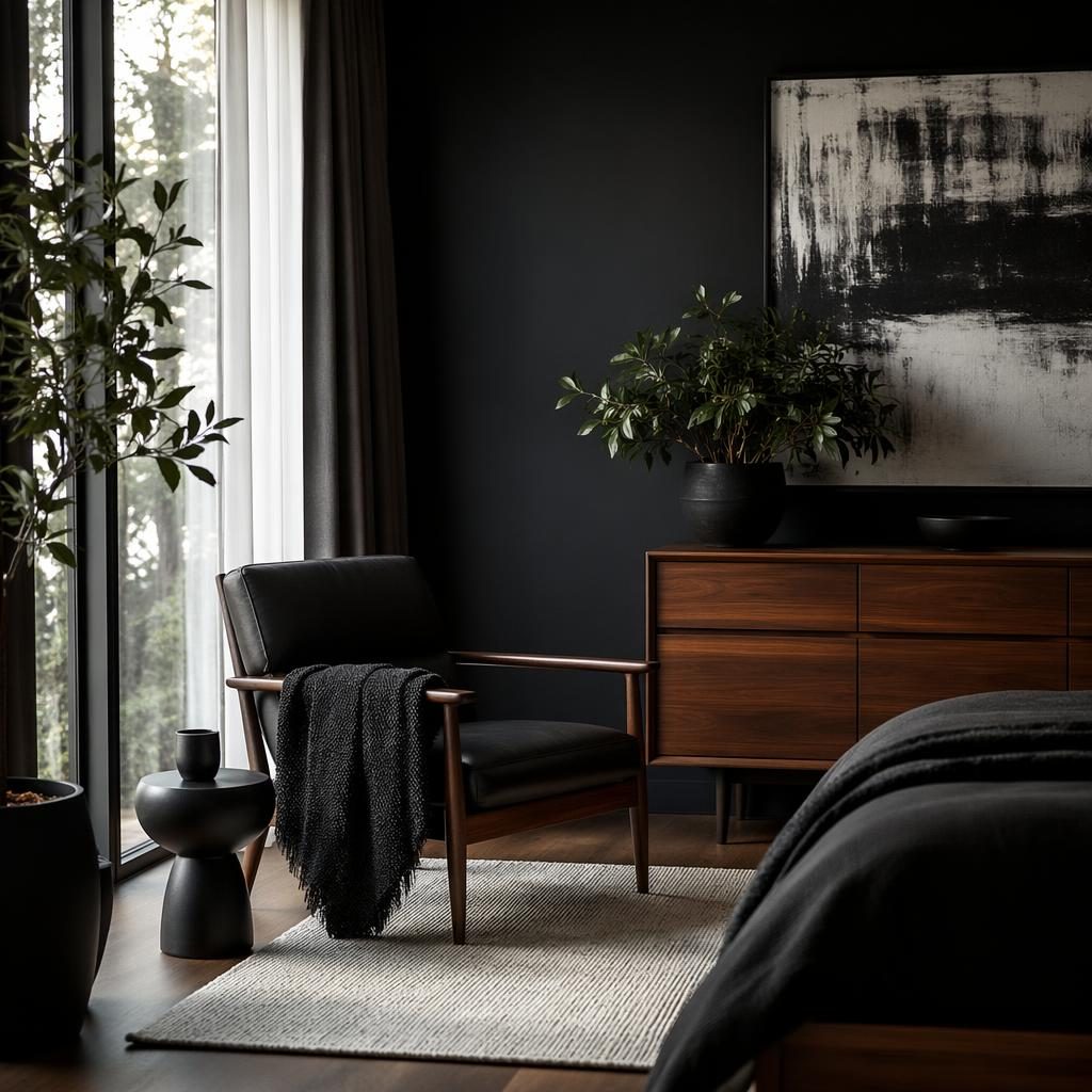 Luxuriöse Leseecke im Mid-Century-Stil mit Teakholz, Sessel, Pflanzen, Kunst und Textilien in Schwarz-Weiß