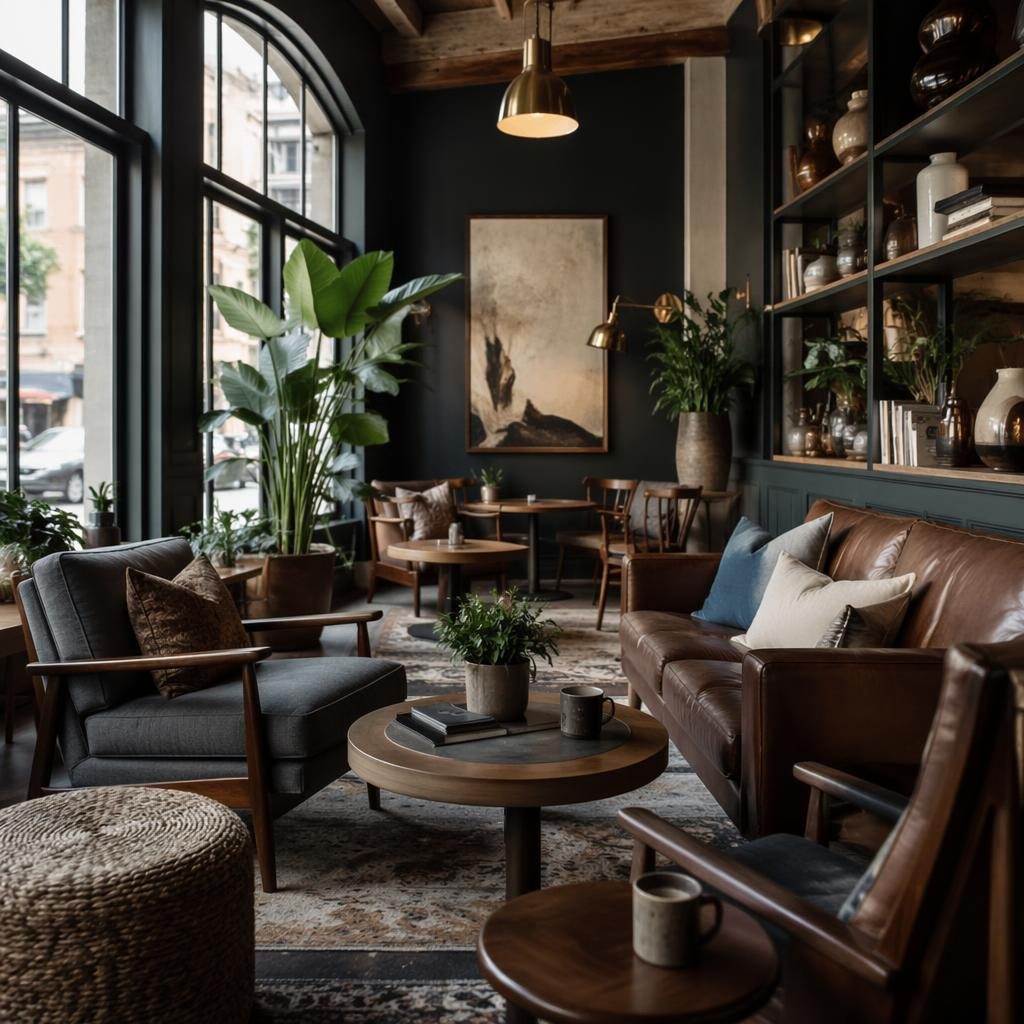 Modern farmhouse living room render with blue seating, brass accents, soft daylight, plants, textiles, and styled decor