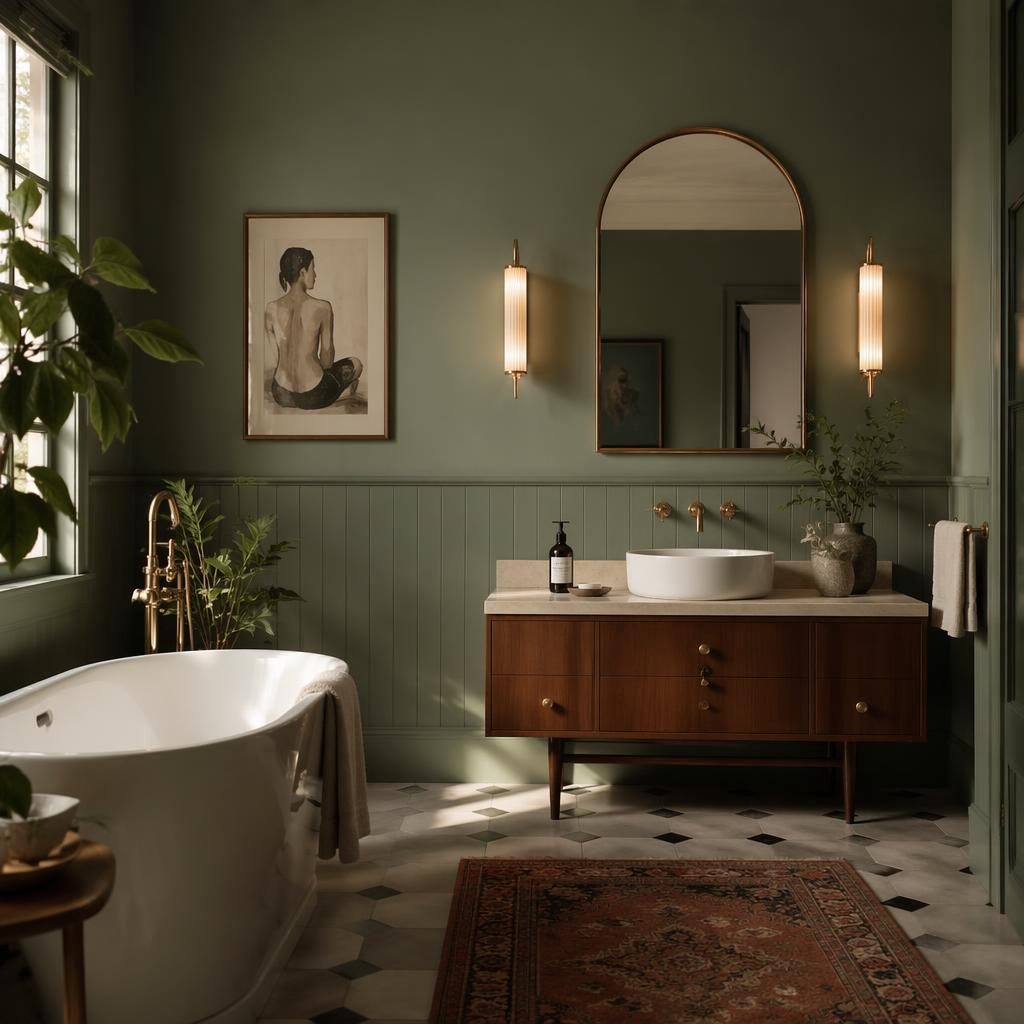 Baño estilo mid-century en tonos salvia y crema, con materiales naturales, plantas, arte y luz ambiental tenue.