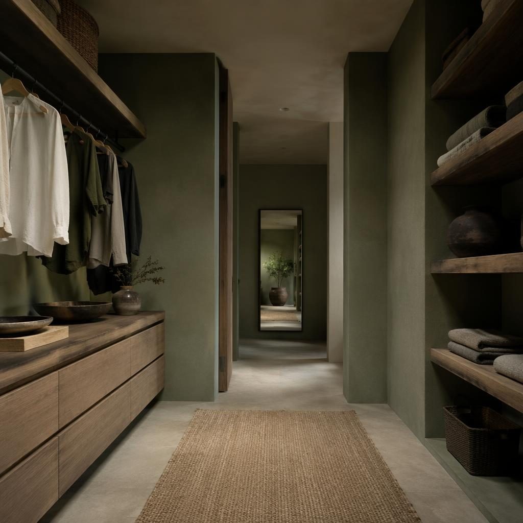 Dormitorio wabi-sabi en tonos salvia y crema con vestidor minimalista, materiales naturales, plantas y luz tenue
