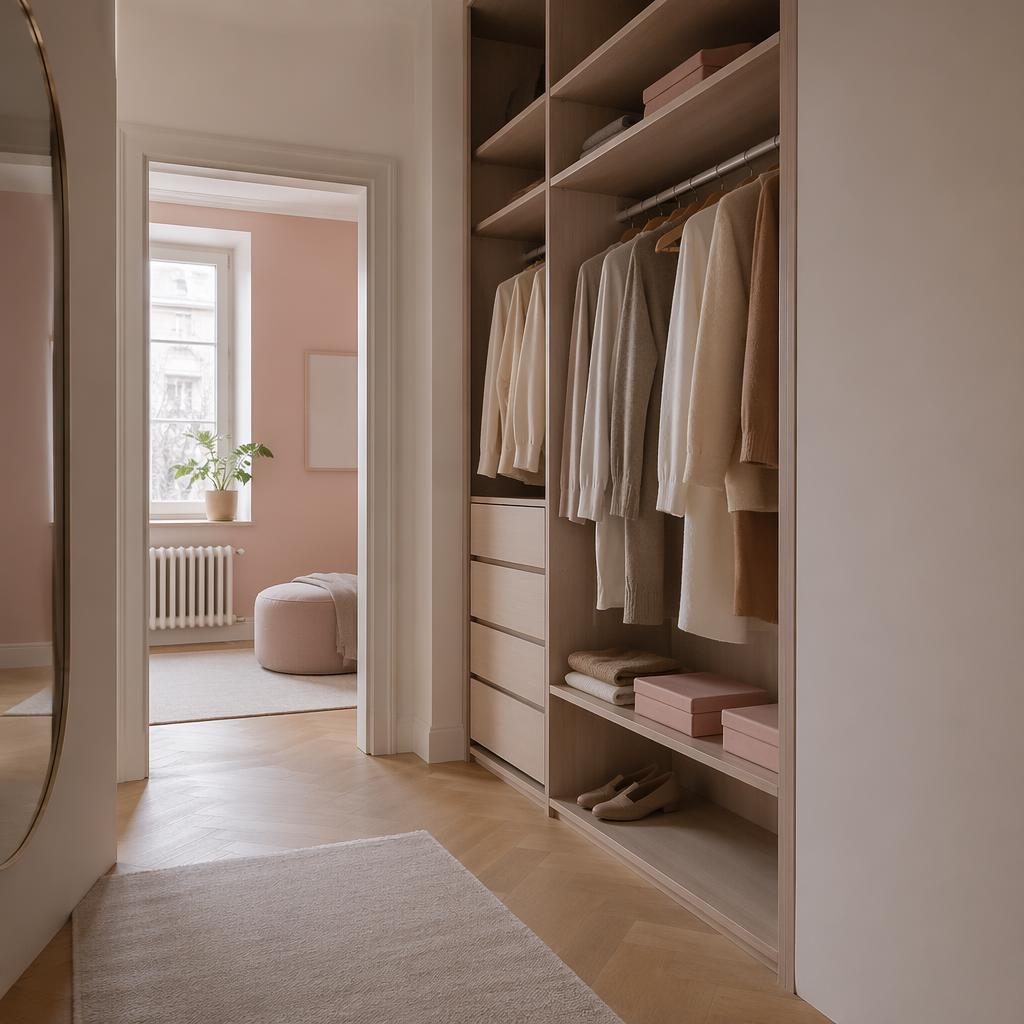 Minimalistischer Walk-in-Closet mit pastellrosa und beigen Tönen, hellem Tageslicht, Naturmaterialien, Pflanzen und Textilien.