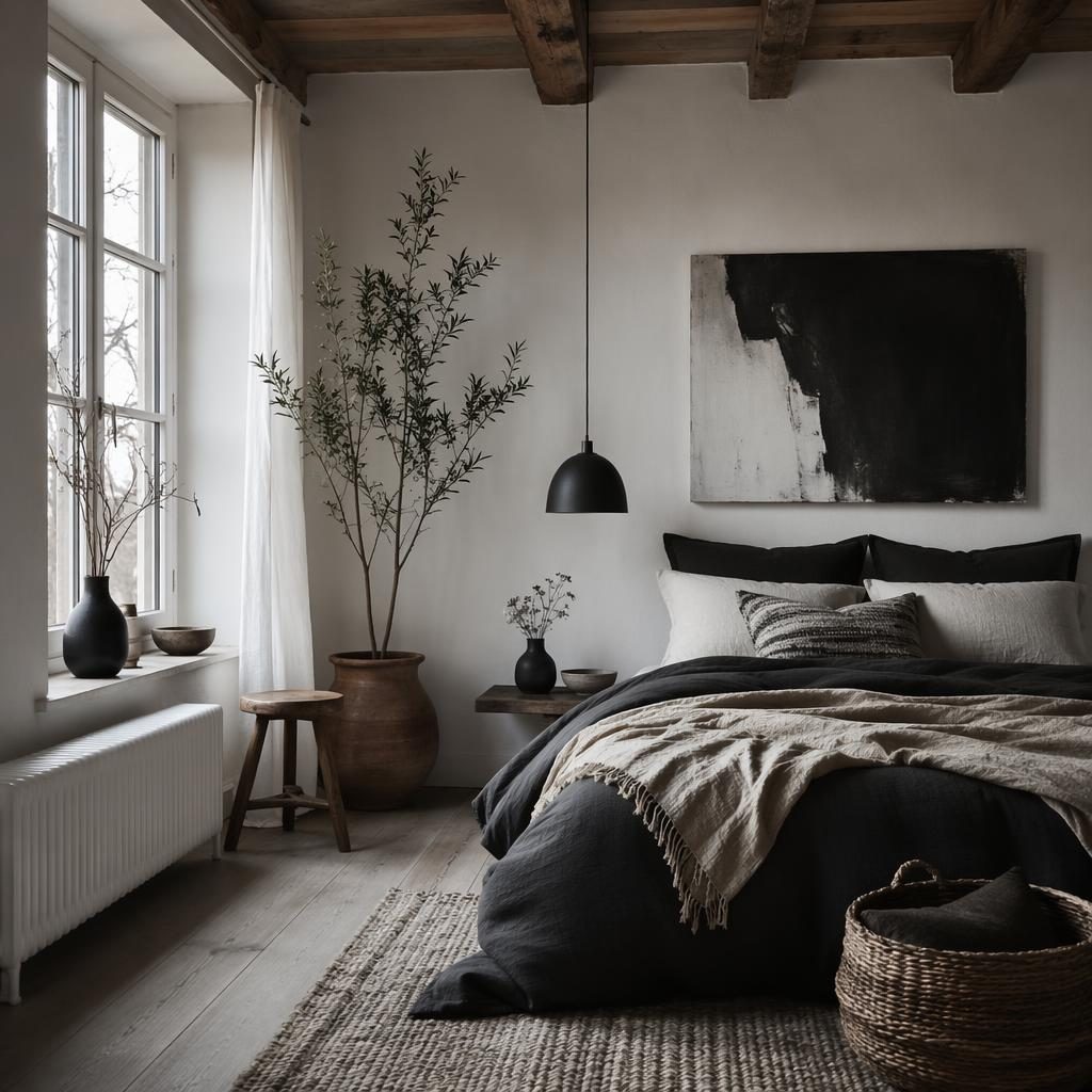 Scandinavian dining room in a black and white palette with natural wood, plants, art, textiles, and soft overcast light.