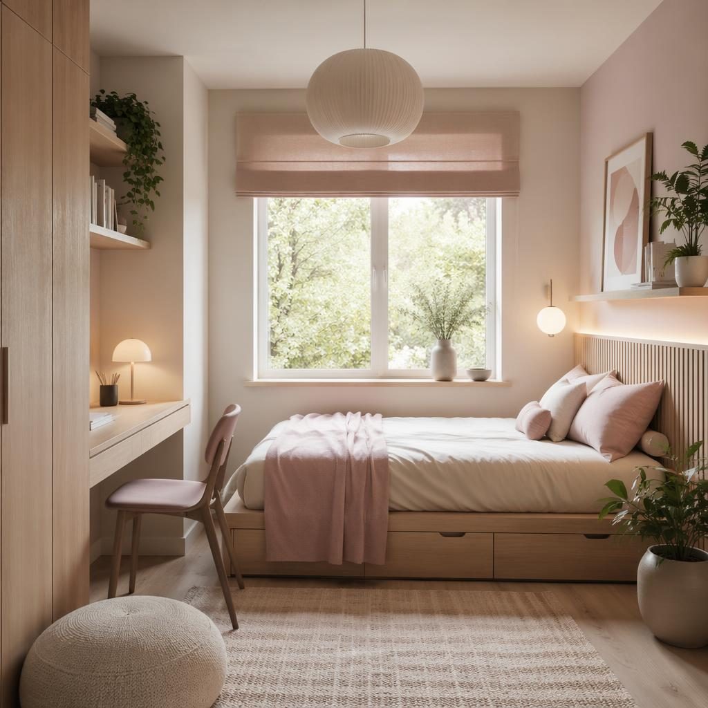 Japandi living room interior render with pastel pink and beige tones, soft daylight, natural materials, plants, art and textiles.