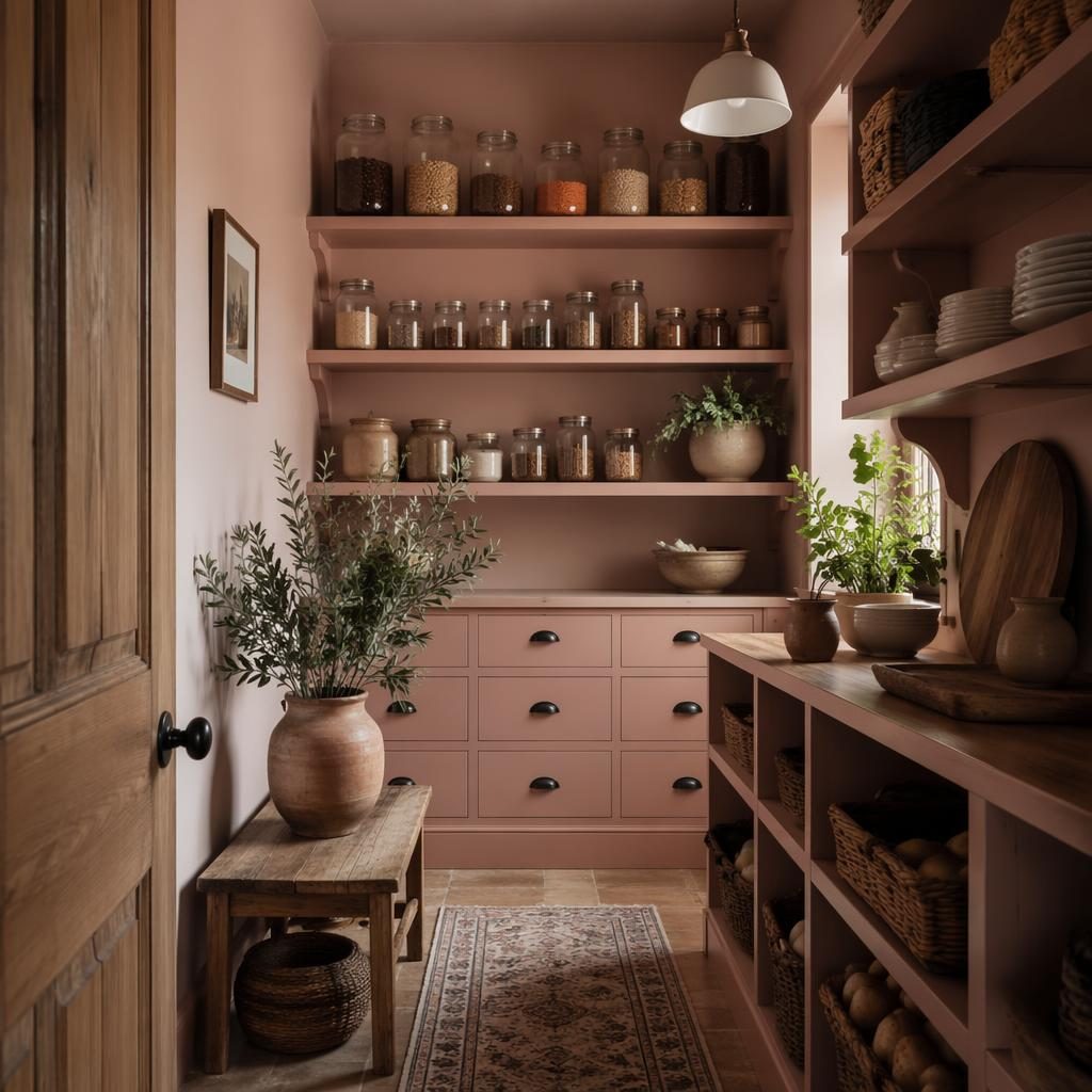 Salle à manger mid-century rose pastel et beige, matériaux naturels, plantes, art textile et pantry sur mesure.