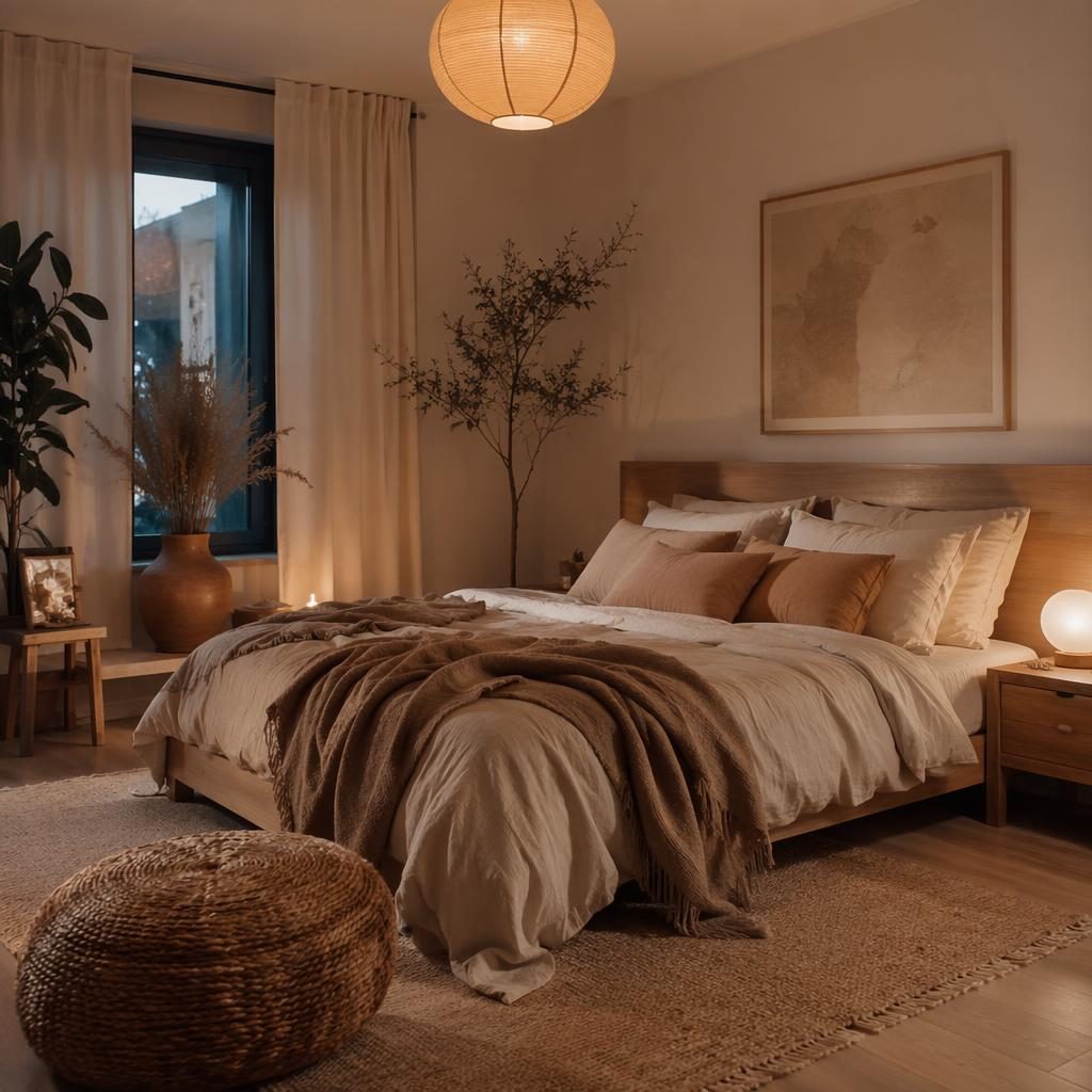 Skandinavisches Schlafzimmer im Boho-Stil mit Erdtönen, Naturmaterialien, Pflanzen, Textilien und warmer Abendstimmung