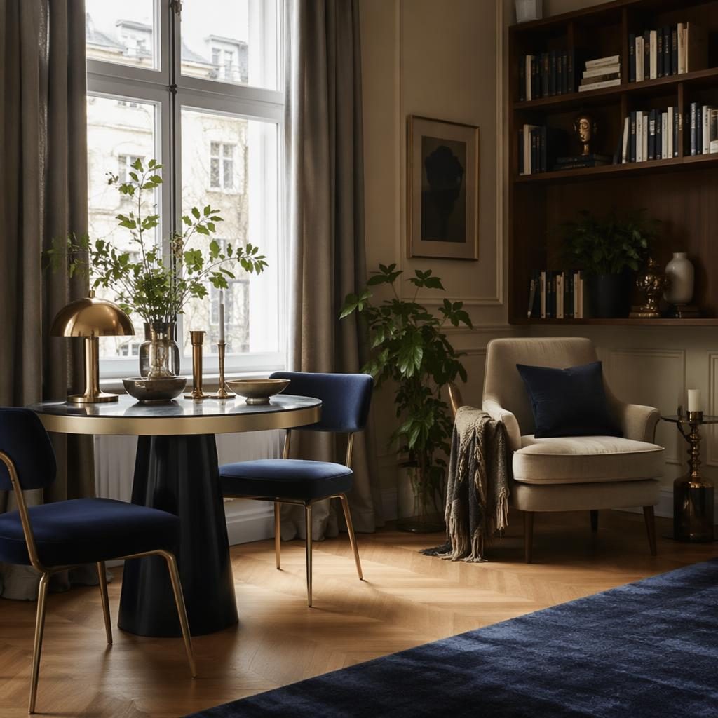 Art-Déco-Lesenische mit Erdtönen, weichem Tageslicht, Naturmaterialien, Pflanzen sowie blauen und messingfarbenen Akzenten