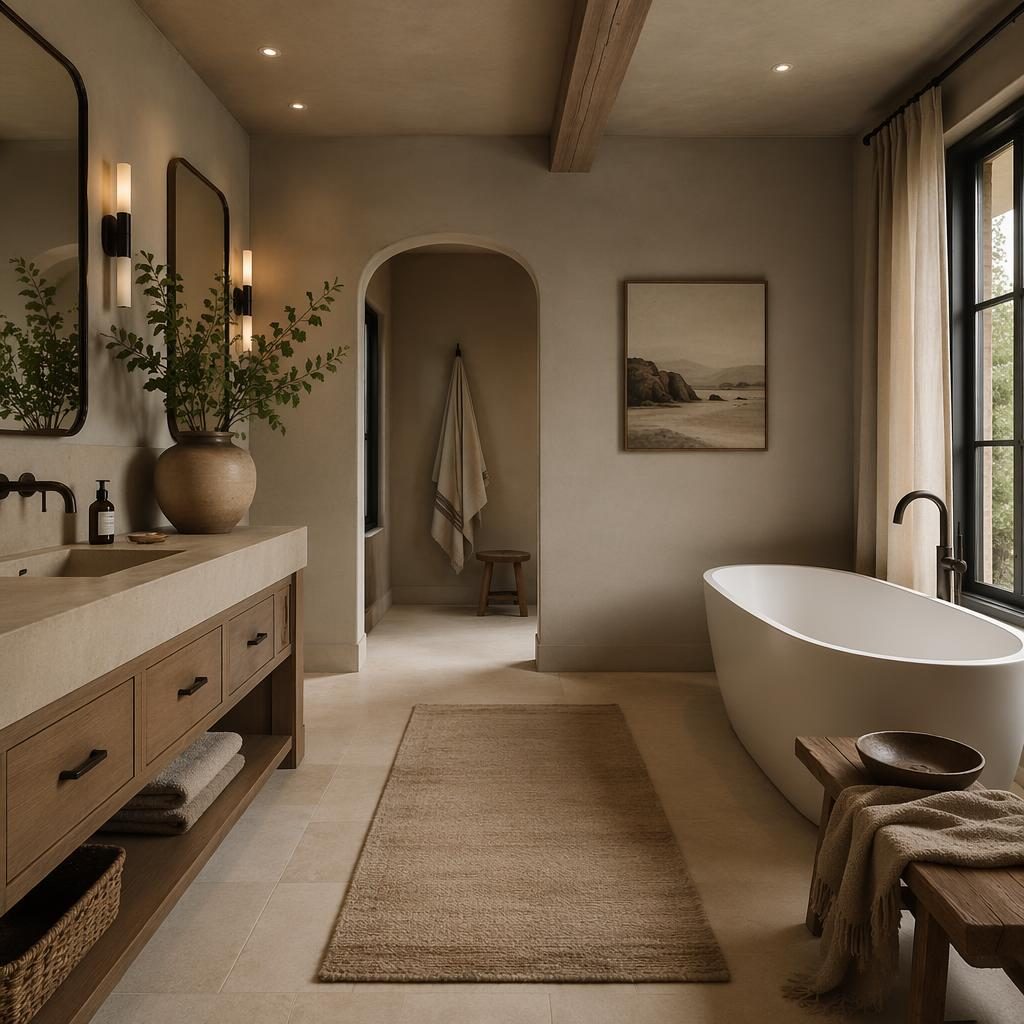 Farmhouse mudroom with warm neutral tones, wood bench, storage hooks, baskets, plants, textiles, and soft diffused light
