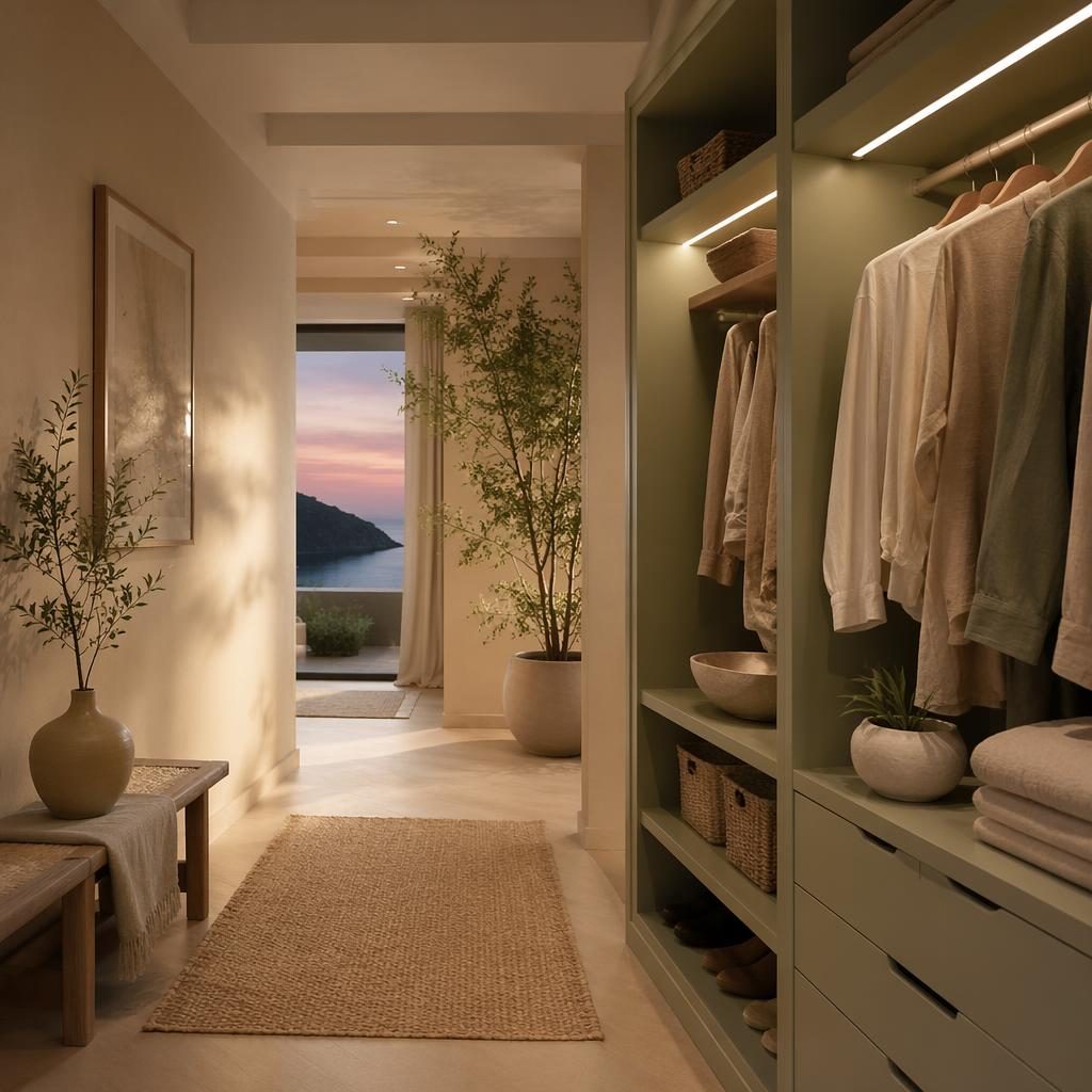 Japandi-Flur als begehbare Garderobe in Salbei und Creme mit Holz, Pflanzen, Kunst und warmem Abendlicht