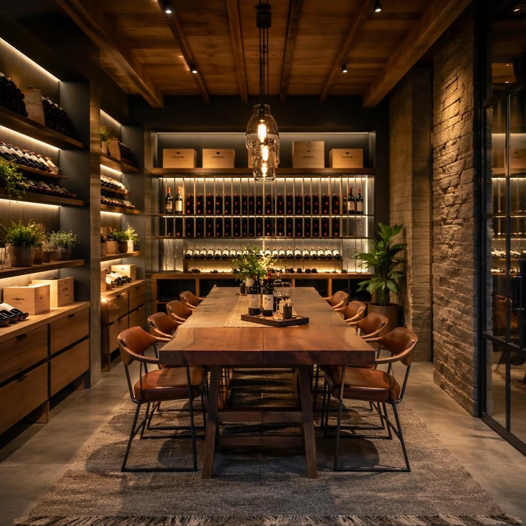 Interior realista de comedor costero con tonos azules y latón, luz dorada, materiales naturales, plantas y macramé boho.