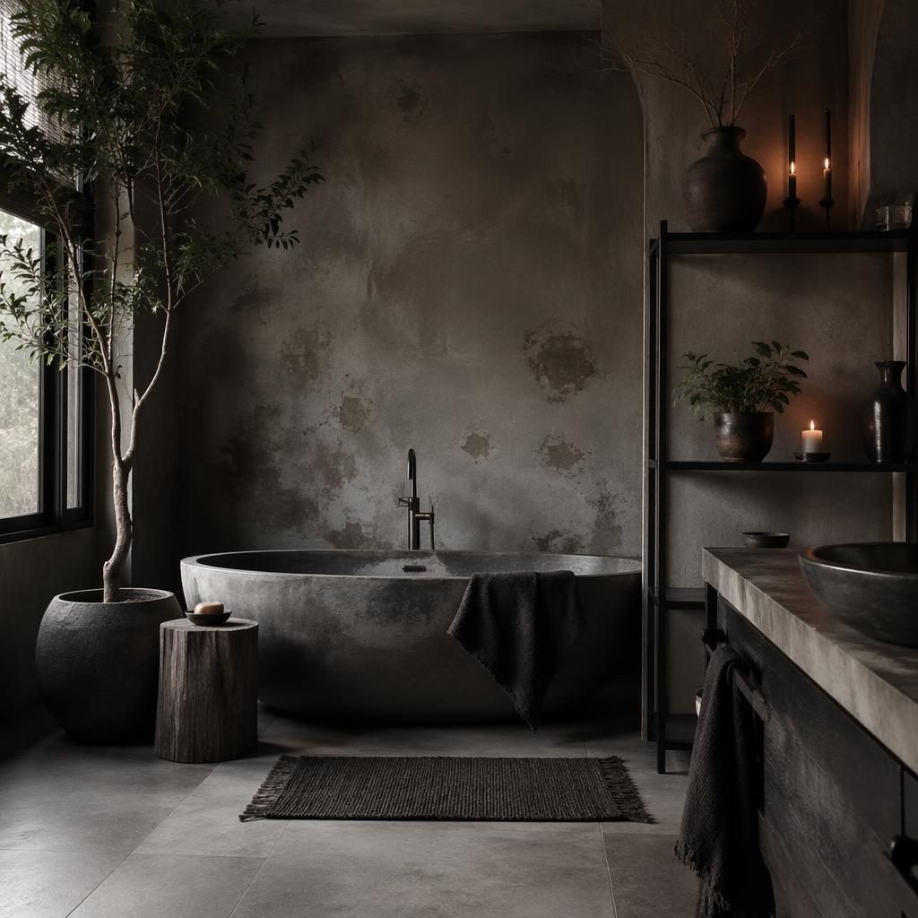 Salle de bain wabi-sabi noir et blanc, matières naturelles, plantes, art textile et meuble décoratif au style métal