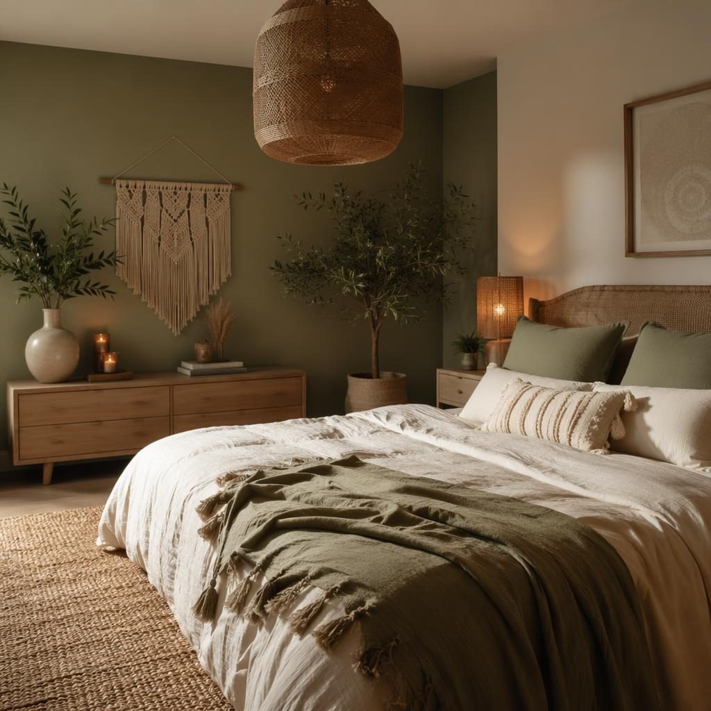 Dressing bohème avec palette sauge et crème, matériaux naturels, plantes, textiles et ambiance chaude du soir