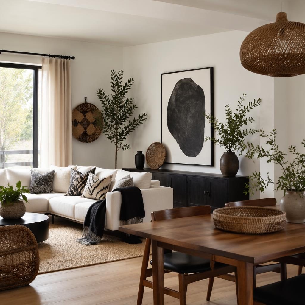 Boho black and white living room with wicker decor, warm wood mid-century dining furniture, plants, art, and soft daylight