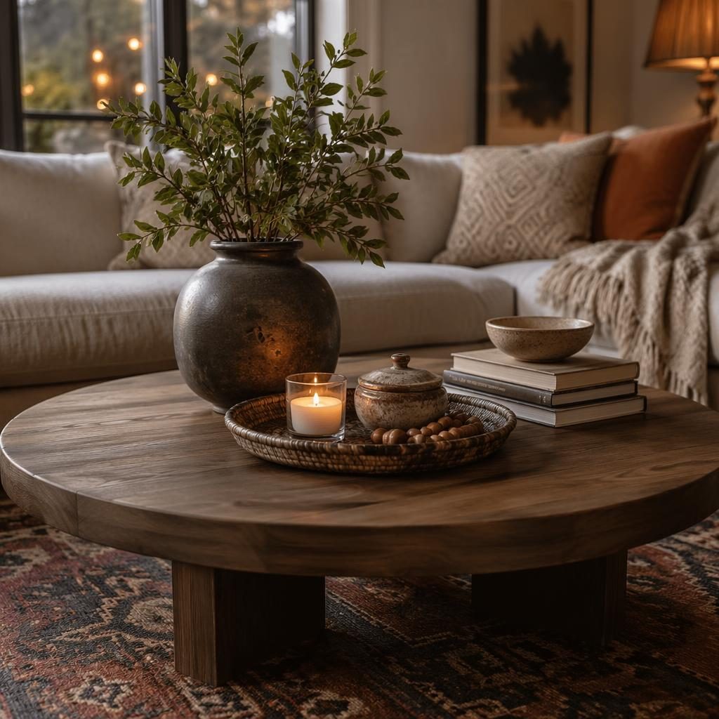Boho bathroom interior in cool greys with warm evening light, natural materials, plants, art, textiles, and styled surfaces.