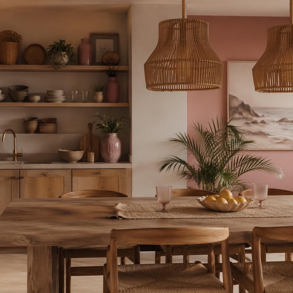 Küsten-Esszimmer mit offener Küchenablage, Pastellrosa und Beige, Naturmaterialien, Pflanzen, Kunst und Textilien