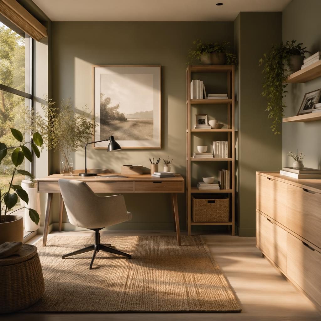 Oficina escandinava minimalista con tonos salvia y crema, luz dorada, materiales naturales, plantas y arte.