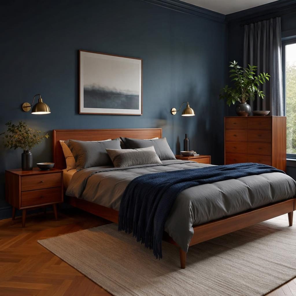 Dormitorio de pareja estilo mid century con muebles de teca, paleta azul y latón, textiles, arte y plantas.