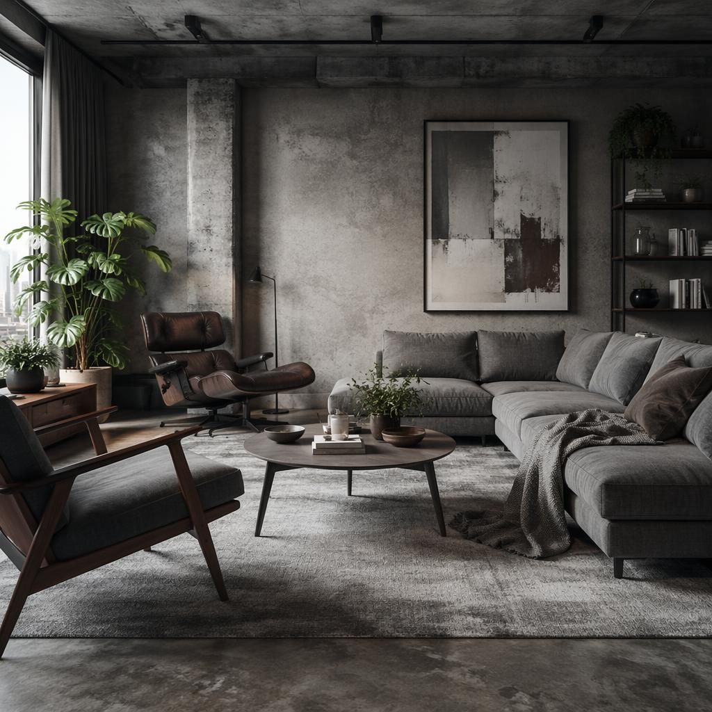 Mid-Century Wohnzimmer im Industrial-Stil mit grauer Farbpalette, Tageslicht, Holz, Pflanzen, Kunst und Textilien.