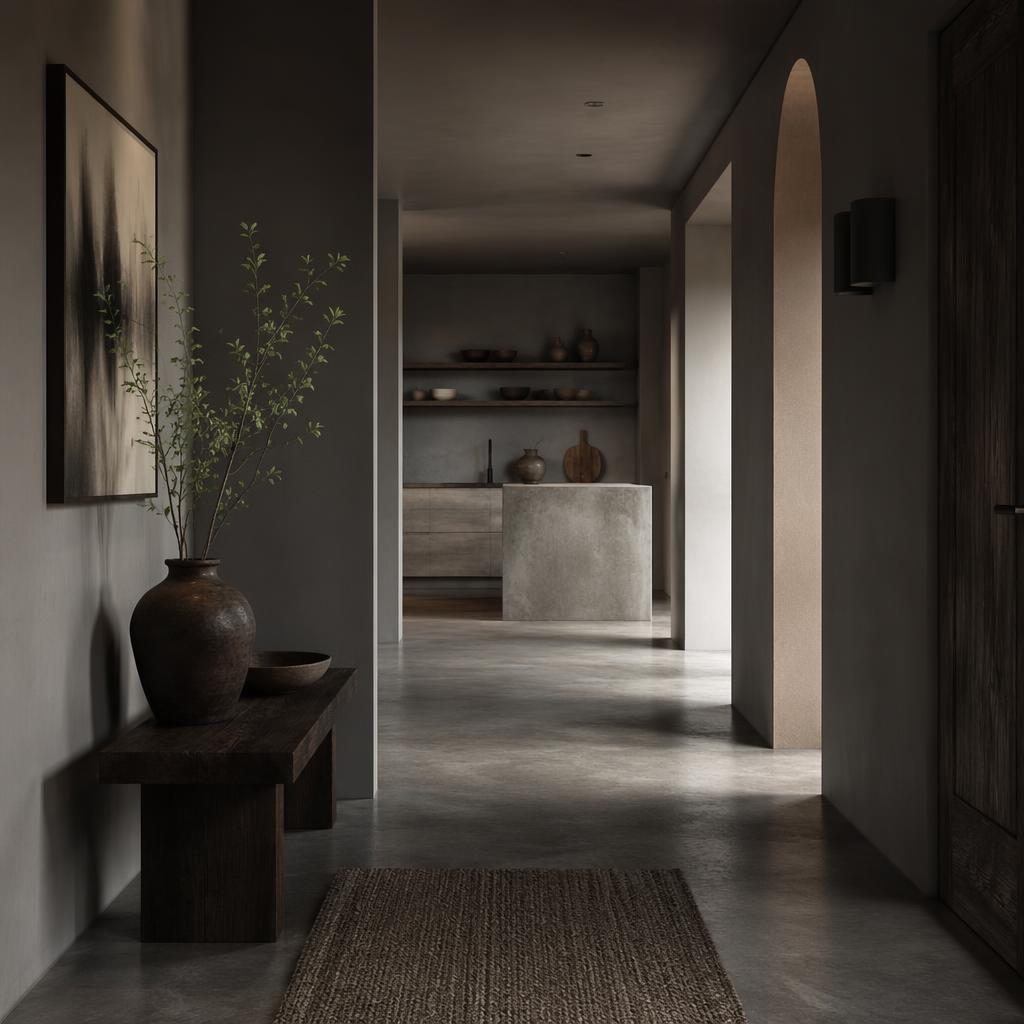Entrée couloir japandi aux tons gris, avec cuisine minimaliste en béton, plantes, art mural et textiles, lumière tamisée.