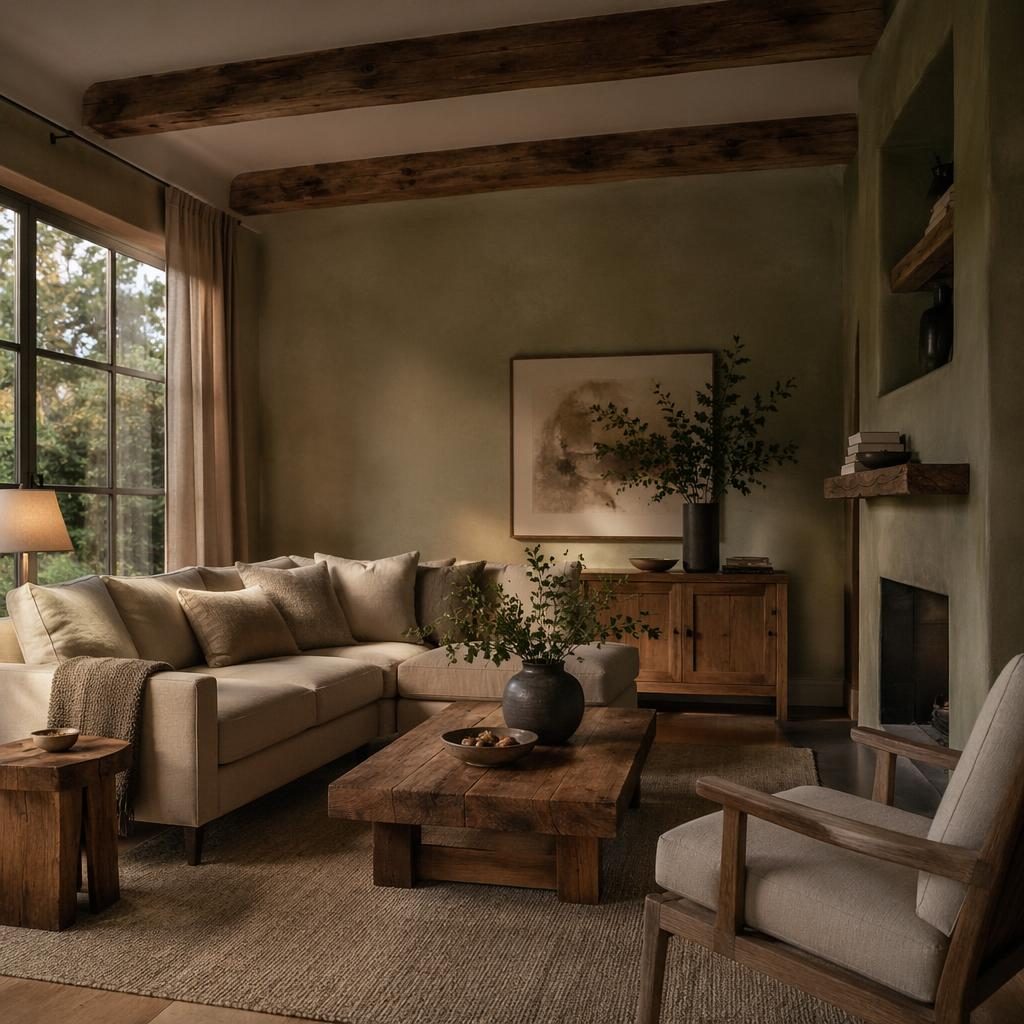 Wabi-sabi farmhouse bedroom with reclaimed wood, sage and cream tones, plants, textiles, art, and warm evening light