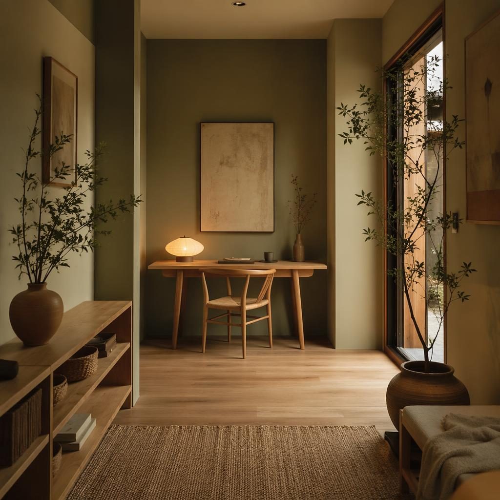 Estudio japandi estilo wabi-sabi con entrada en salvia y crema, muebles de madera, plantas, arte y luz cálida.
