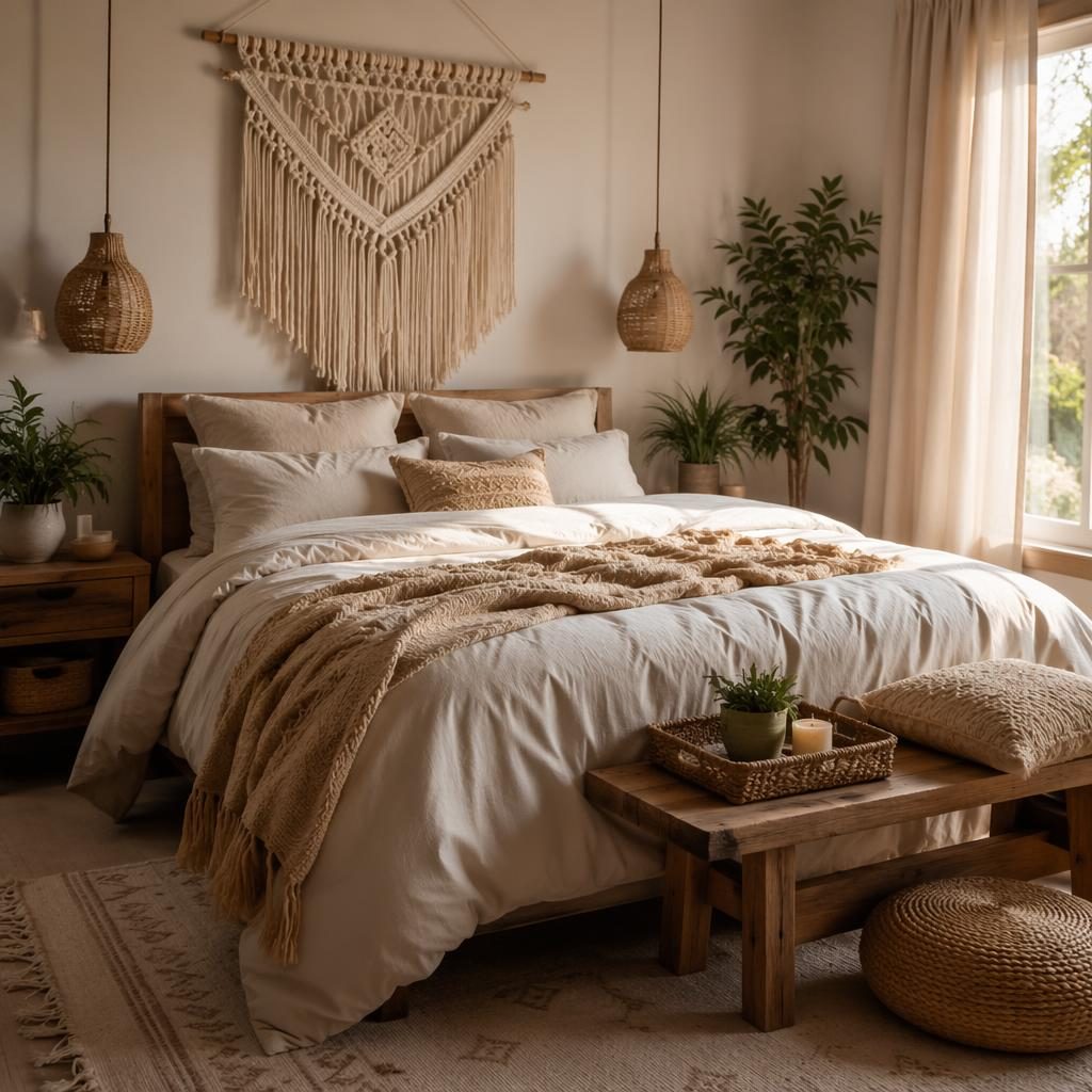 Boho bedroom interior with macrame wall hanging, warm neutral textiles, natural materials, plants, art, and soft daylight