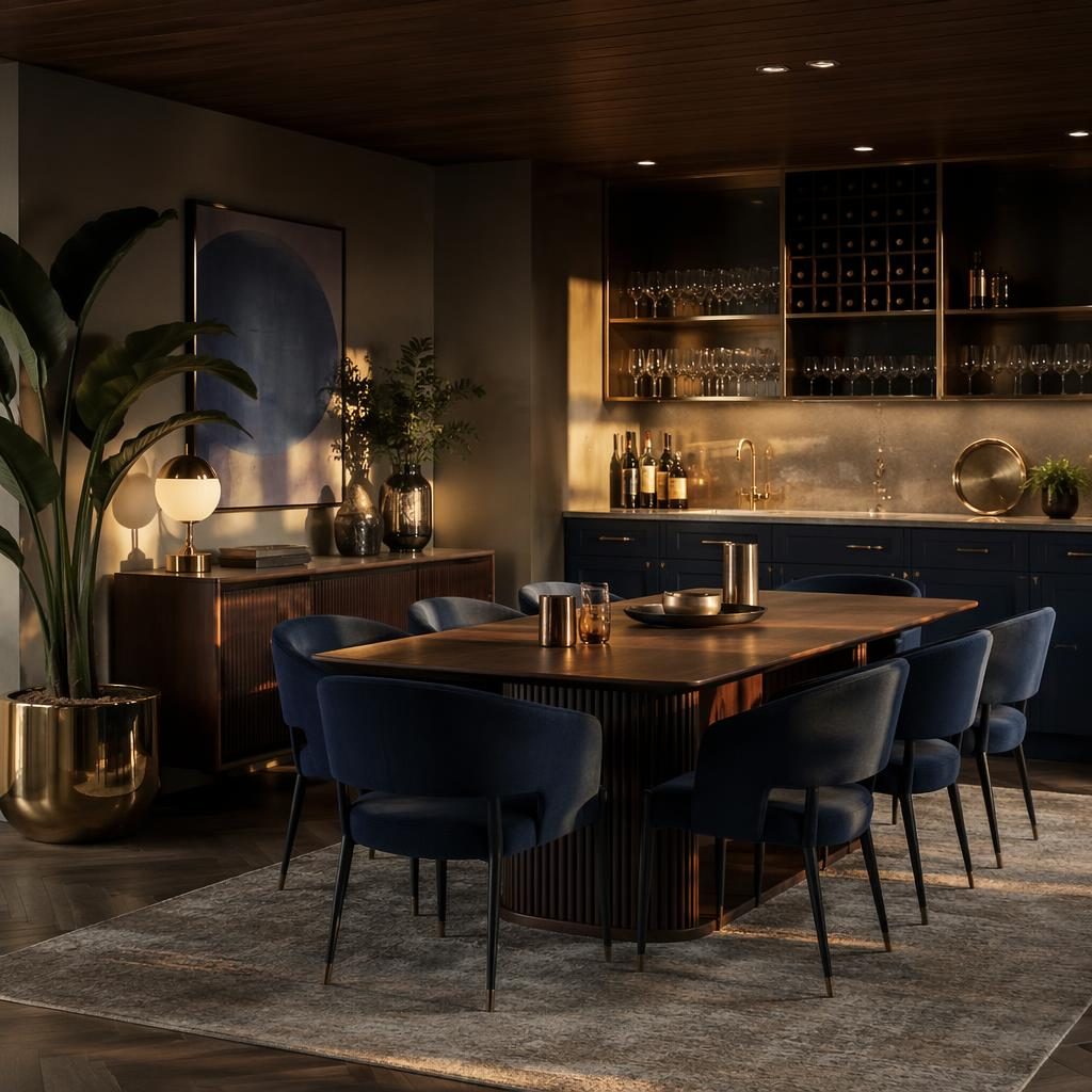 Scandinavian dining room interior render with blue and brass palette, art deco accents, plants, textiles, and golden hour light