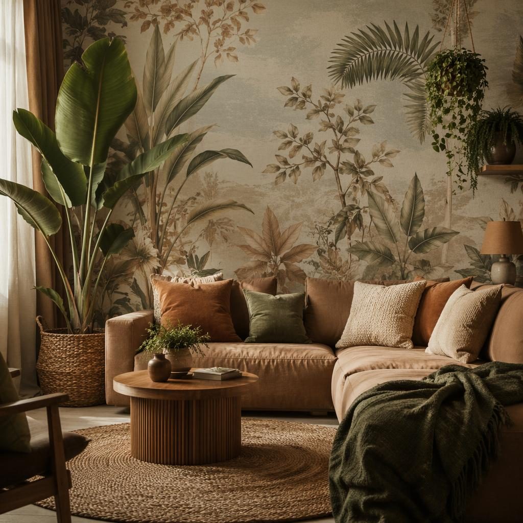 Boho interior with earth tones, blue and brass accents, plants, art, textiles, and warm golden hour light.