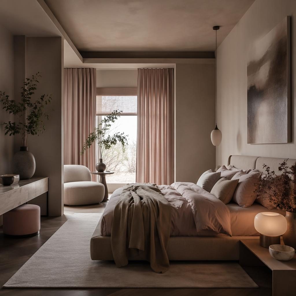 Minimalist luxury bedroom in pastel pink and beige with natural materials, plants, art, textiles, and moody lighting