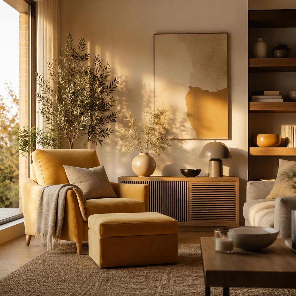 Skandinavisches Home-Gym mit senfgelben Akzenten, Naturmaterialien, Pflanzen und warmem Golden-Hour-Licht.
