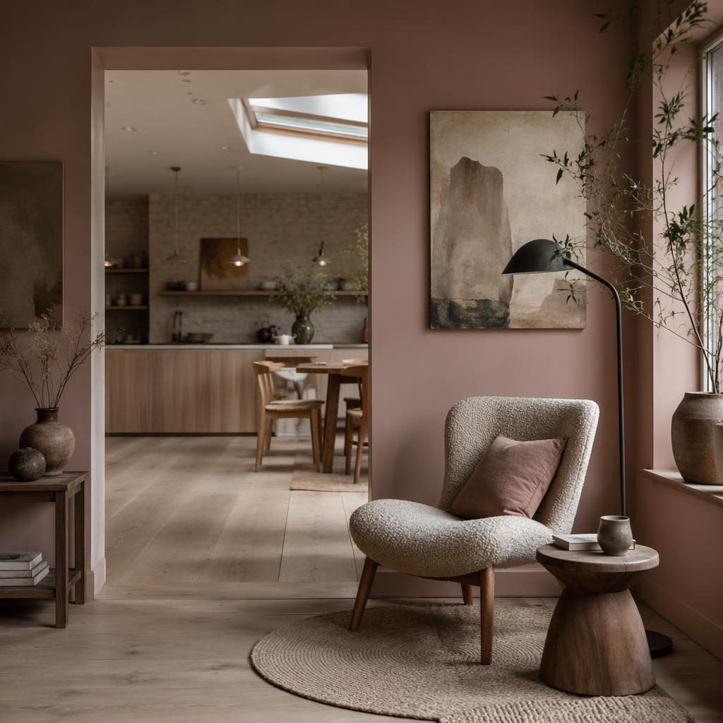 Scandinavian wabi sabi reading corner with pastel pink and beige tones, natural materials, plants, art, and soft moody light