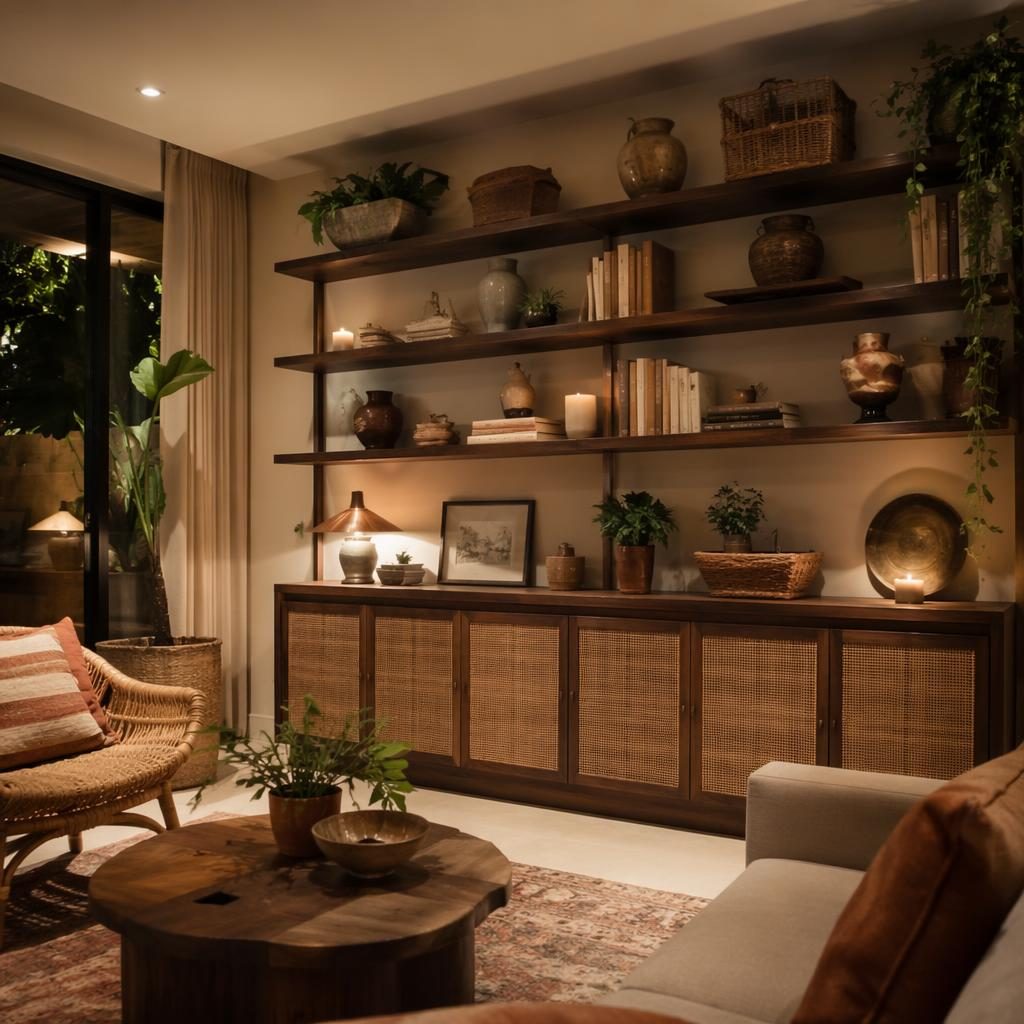 Sala boho de ratán con tonos tierra, estantería decorada, plantas, textiles y luz cálida de tarde