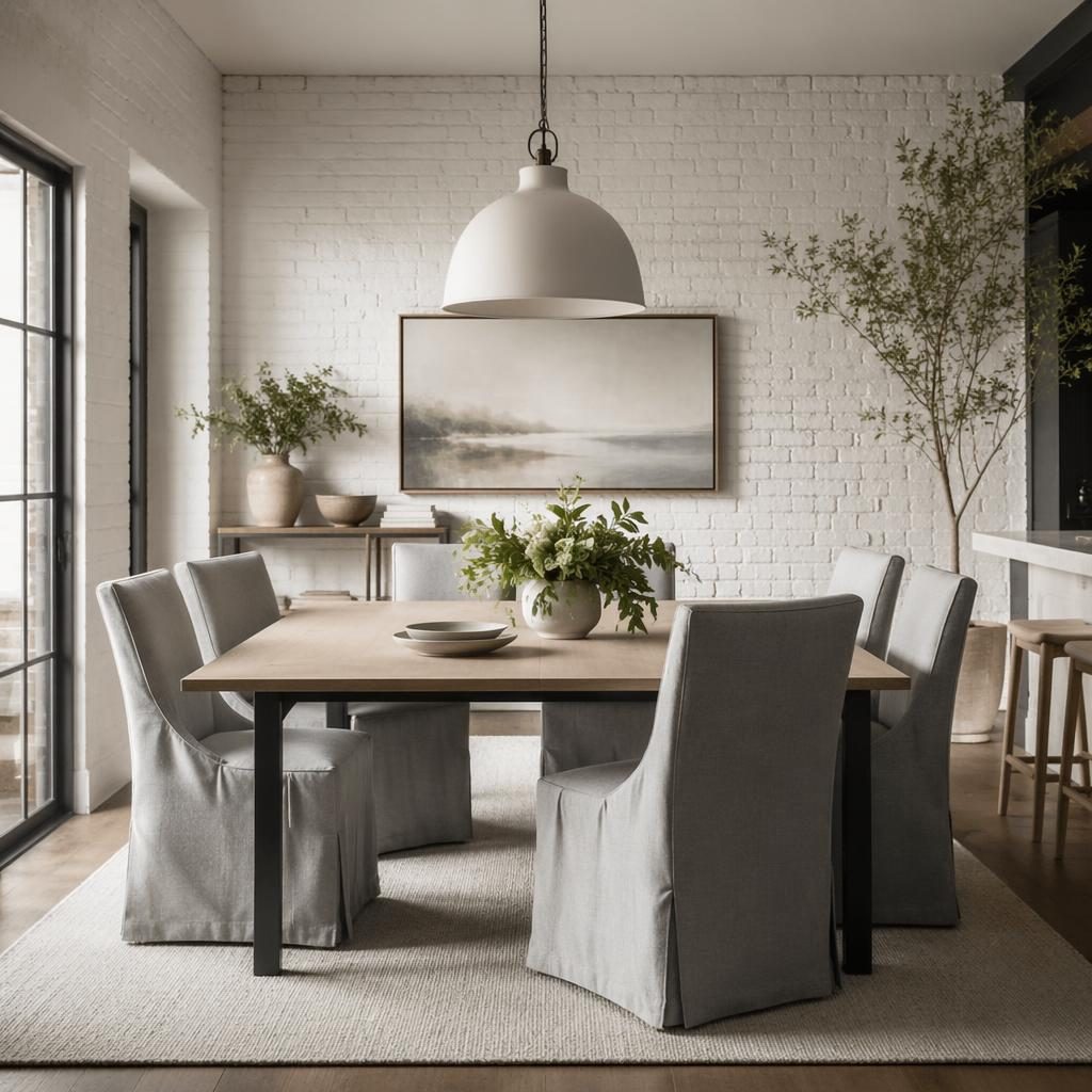 Entrada interior costera con comedor en blanco y gris, cocina de ladrillo industrial, plantas y textiles neutros.