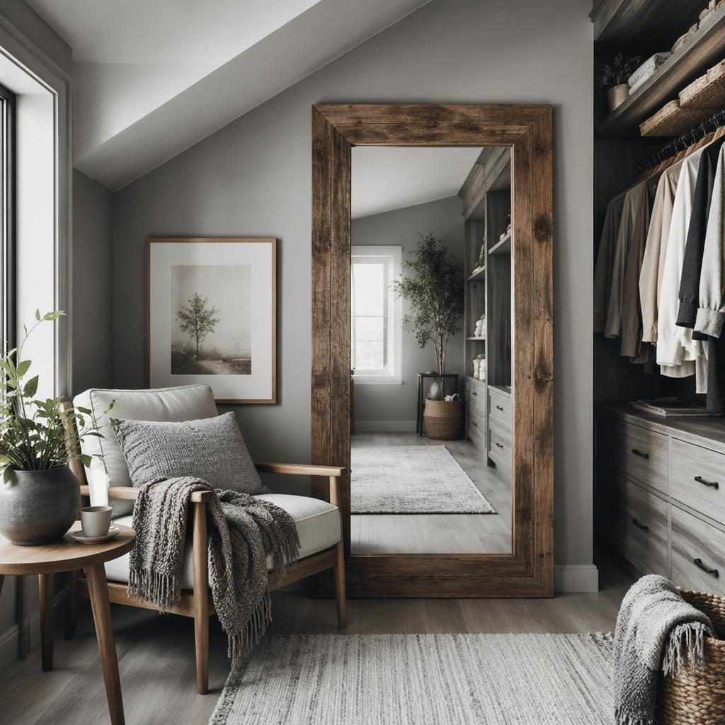 Farmhouse walk-in closet in cool grey tones with a Scandinavian reading nook, mirror, textiles, plants, and soft daylight.