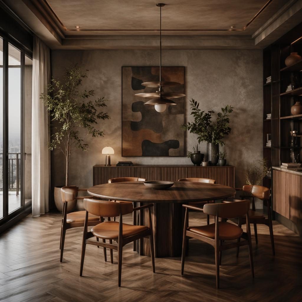 Salle à manger de penthouse contemporain, tons neutres chauds, mobilier bois, plantes, art mural et lumière tamisée.