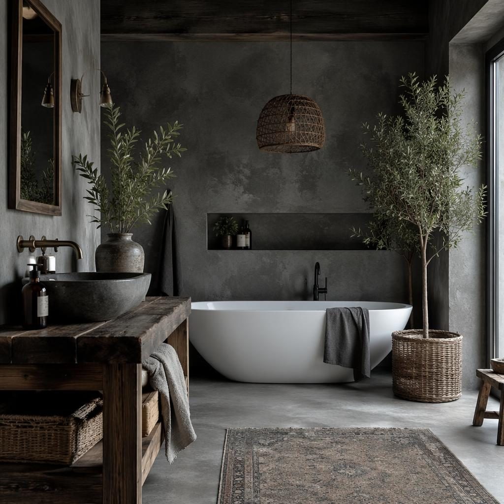 Moody boho bathroom interior in cool greys with natural materials, plants, art, textiles, and a custom walk-in pantry