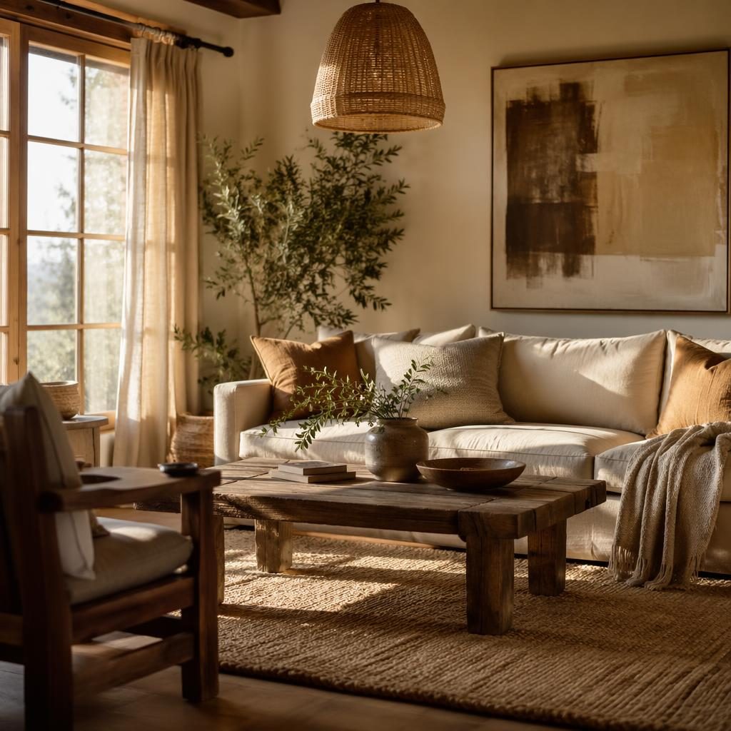 Earth-tone farmhouse kitchen interior at golden hour with warm neutrals, natural materials, plants, art and textiles.