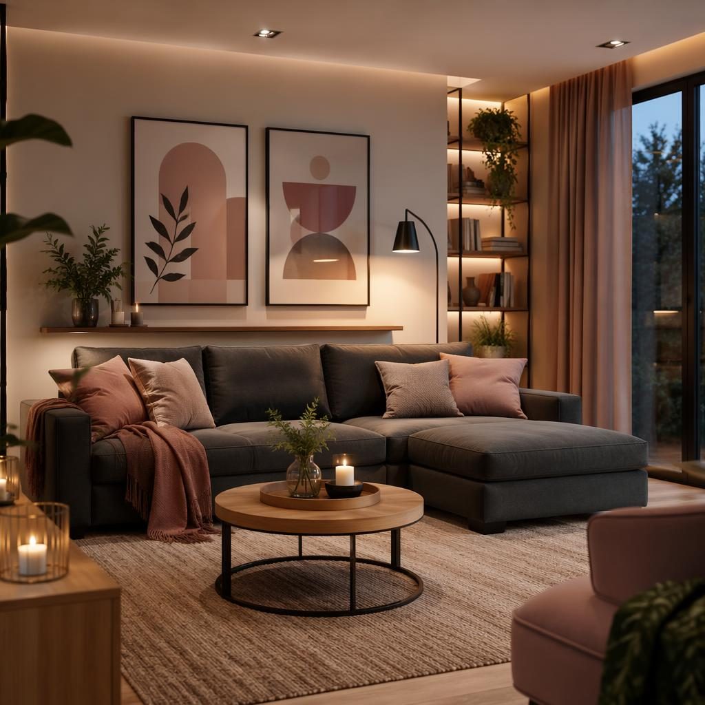 Interior contemporáneo de dormitorio de lujo en rosa pastel y beige, luz cálida, materiales naturales, plantas y arte.