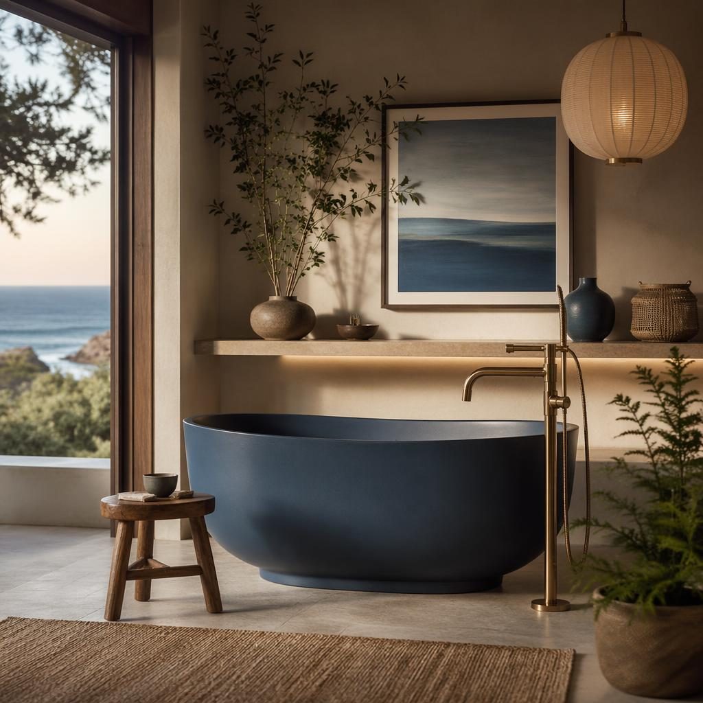 Salle de bain japandi côtière en bleu et laiton, lumière douce, matériaux naturels, plantes, art et textiles.