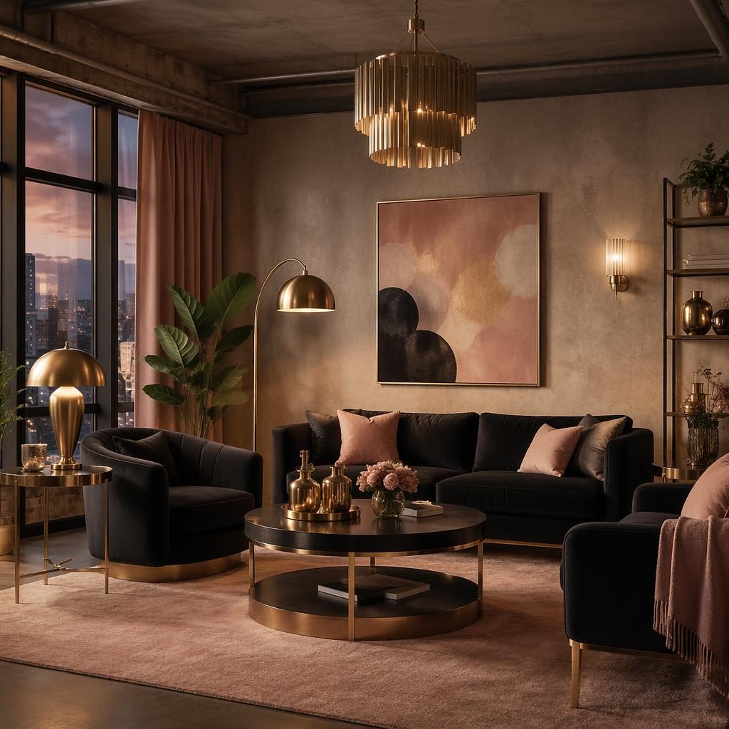 Art deco industrial loft living room with pastel pink and beige decor, black and gold living room set, plants and textiles